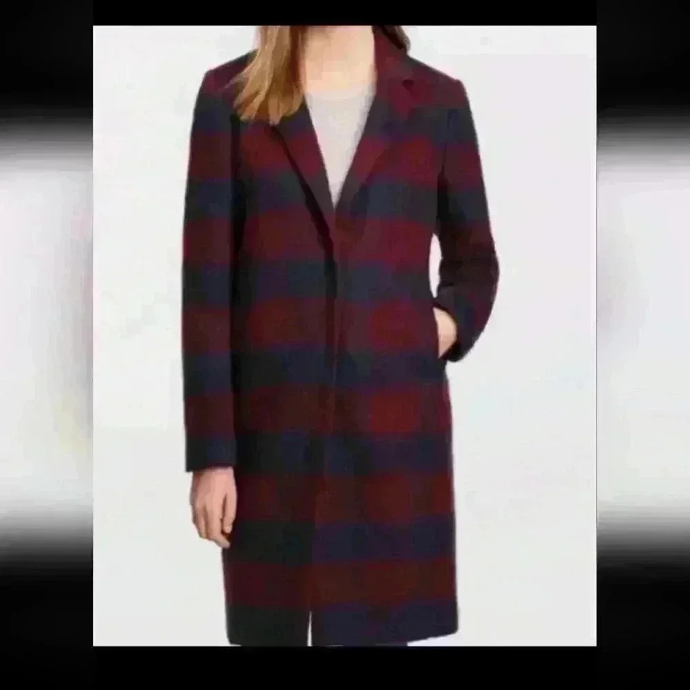 Anne Taylor Womens Burgundy And Navy Brushed Plaid Coat M